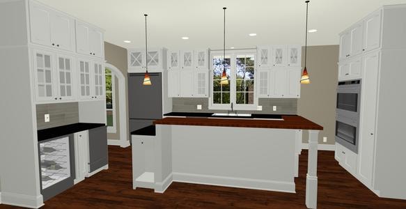 3D CAD kitchen rendering showing cabinetry and layout